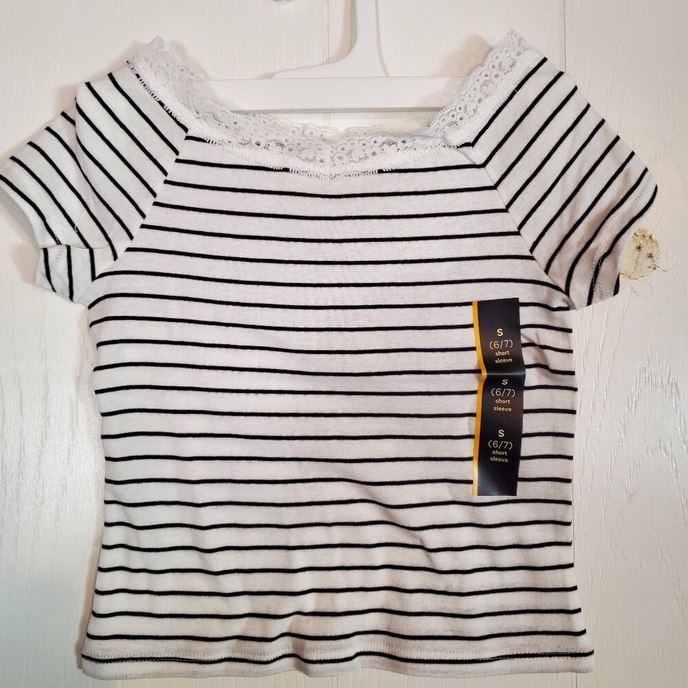 Ivory short sleeve shirt with black stripes lace neck
